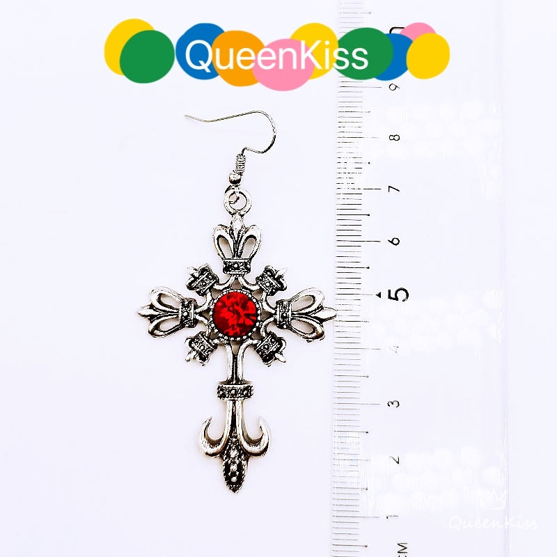 Enamel Earrings Red Gem and Cross Gothic Dangle Earrings Creepy Goth Grunge Earrings