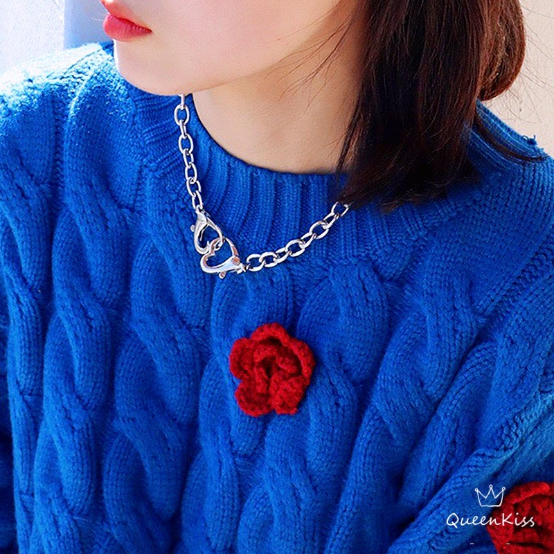 Funky Punk Stainless Steel Double Hearts Hook Up Cool Chains Metal Piece Silver Necklace -- You Are Blue!!