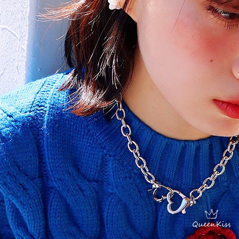 Funky Punk Stainless Steel Double Hearts Hook Up Cool Chains Metal Piece Silver Necklace -- You Are Blue!!