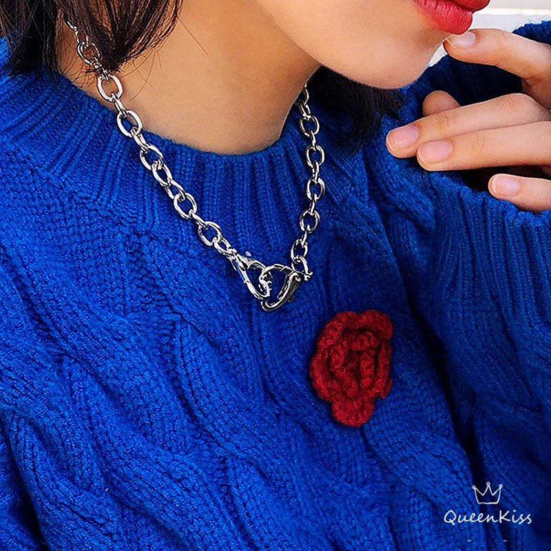 Funky Punk Stainless Steel Double Hearts Hook Up Cool Chains Metal Piece Silver Necklace -- You Are Blue!!