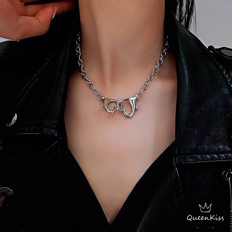 Funky Punk Stainless Steel Double Hearts Hook Up Cool Chains Metal Piece Silver Necklace -- You Are Blue!!