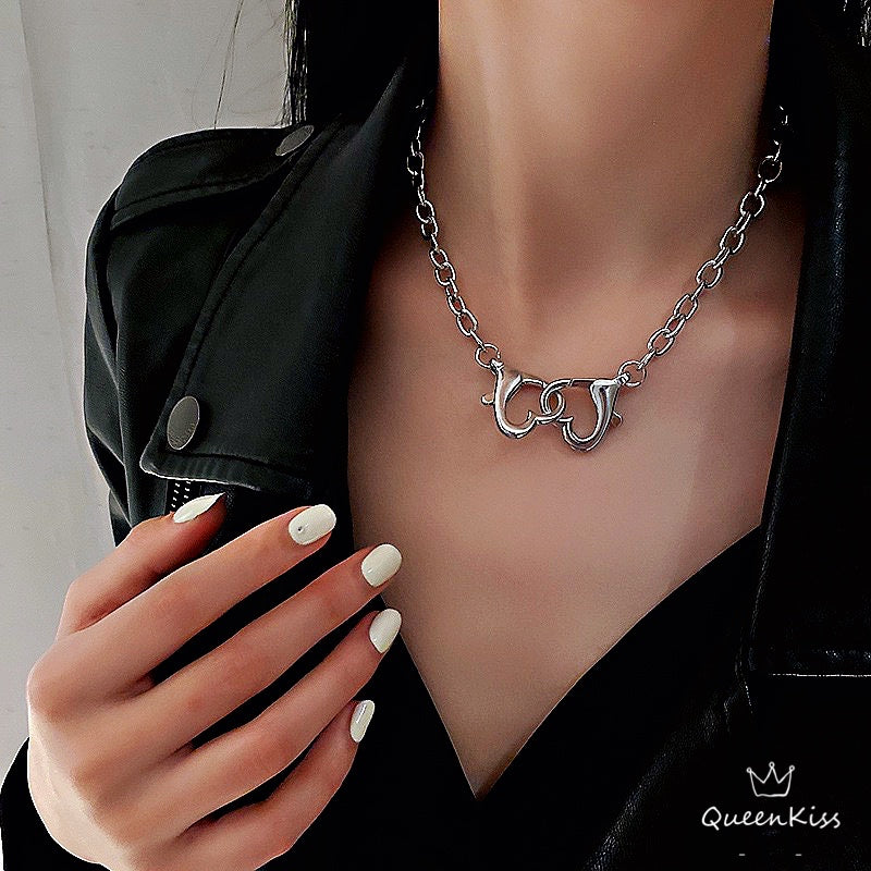 Funky Punk Stainless Steel Double Hearts Hook Up Cool Chains Metal Piece Silver Necklace -- You Are Blue!!