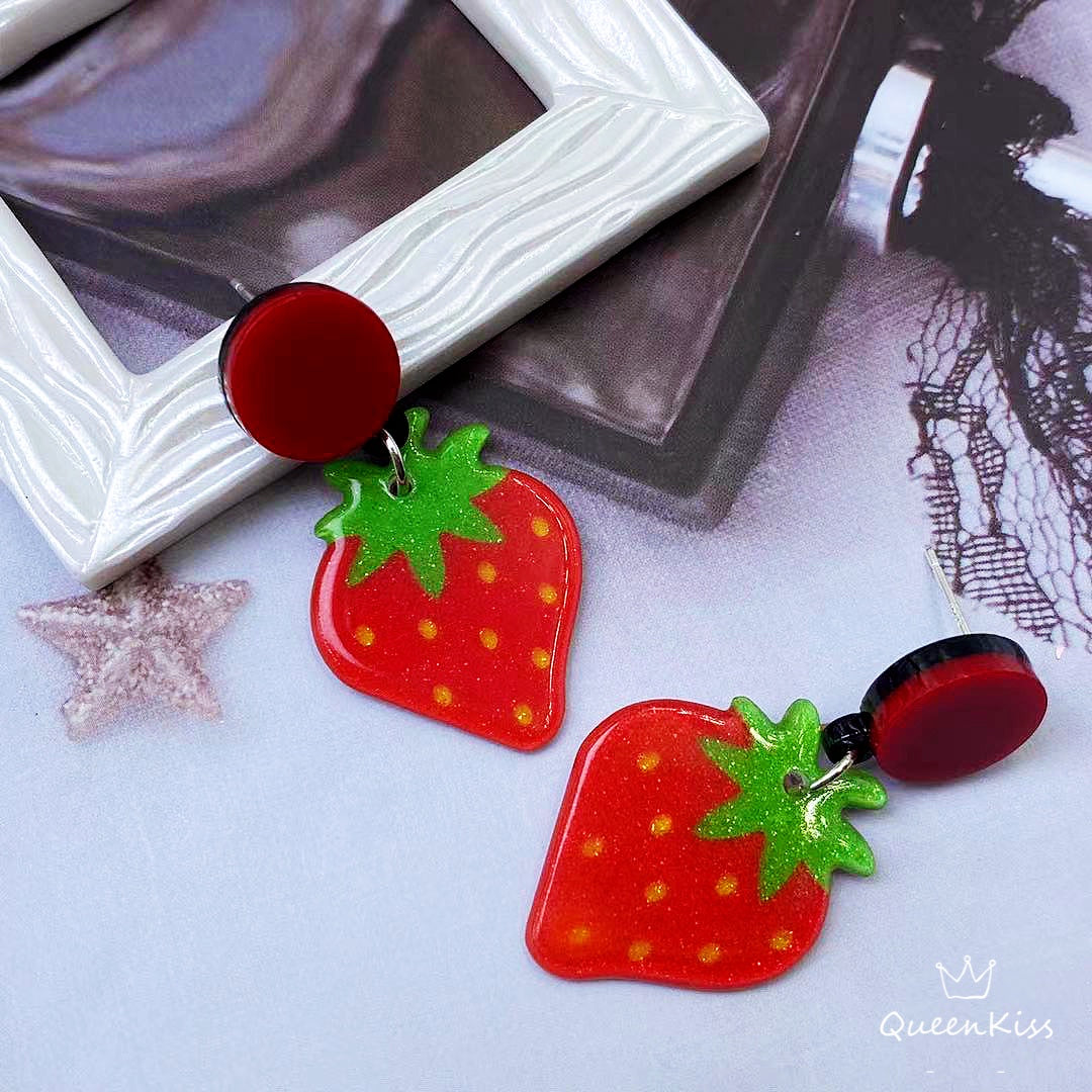 Cute Light Trendy Adorable Red Strawberry and Green Leaves Earrings - Pretty Girl!!