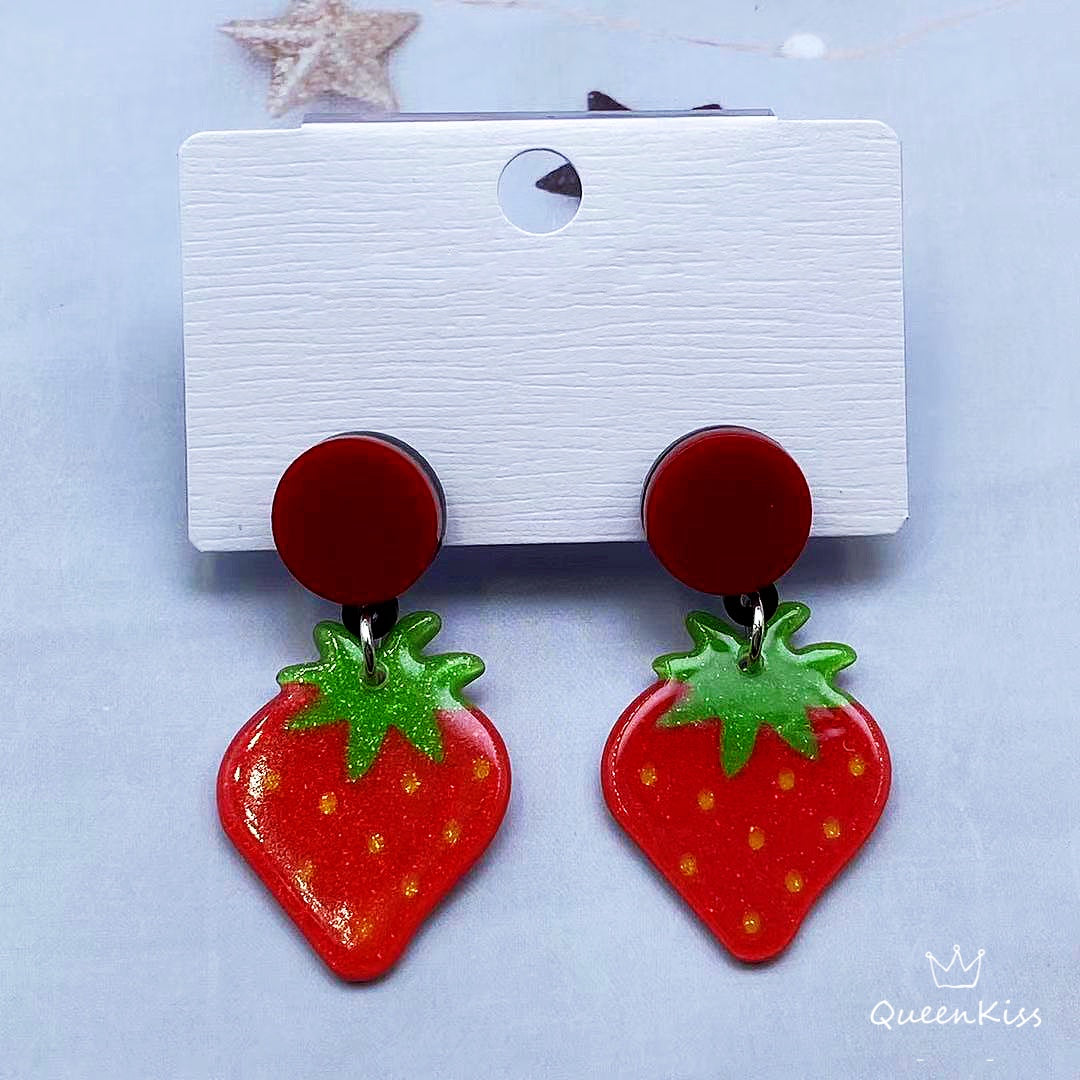 Cute Light Trendy Adorable Red Strawberry and Green Leaves Earrings - Pretty Girl!!
