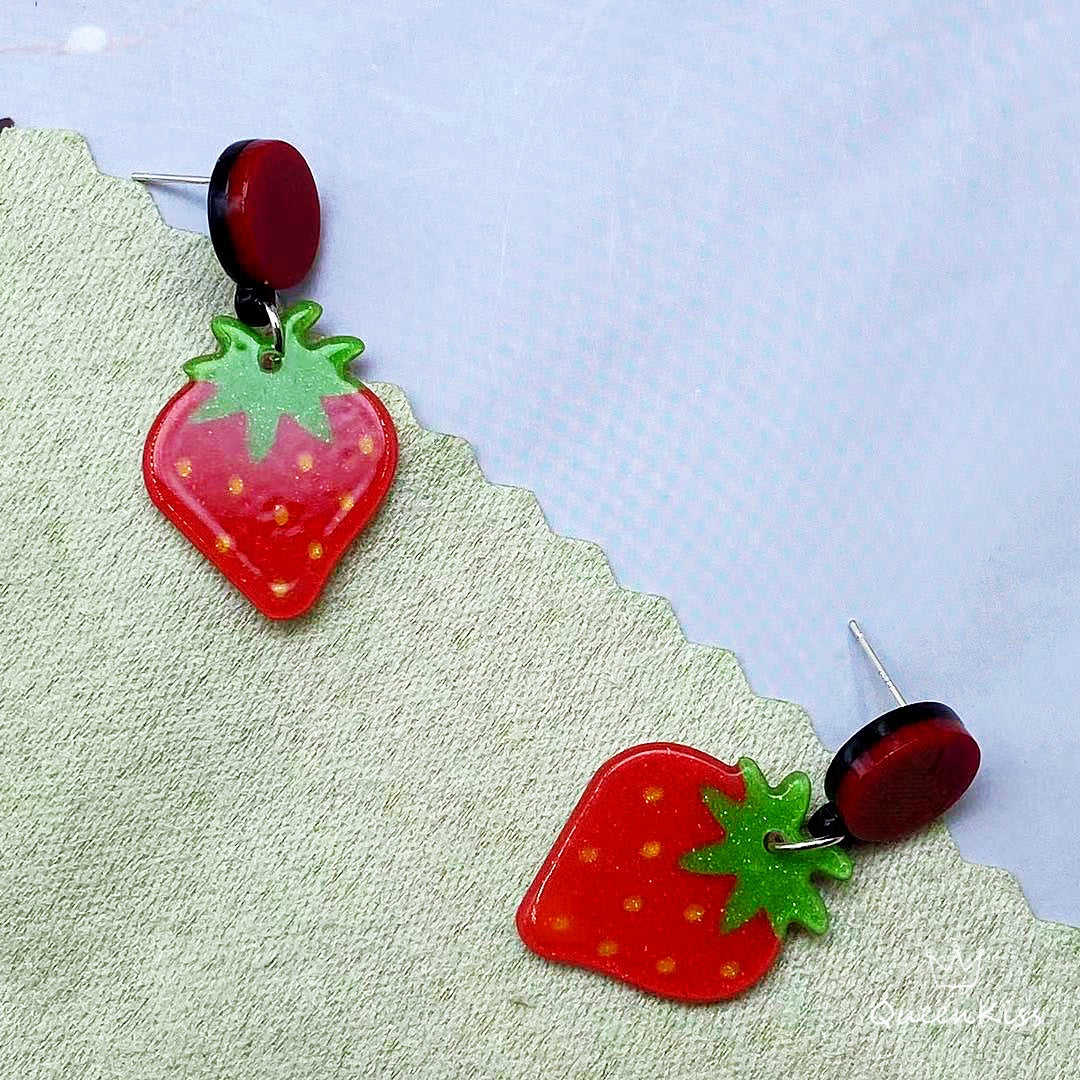 Cute Light Trendy Adorable Red Strawberry and Green Leaves Earrings - Pretty Girl!!