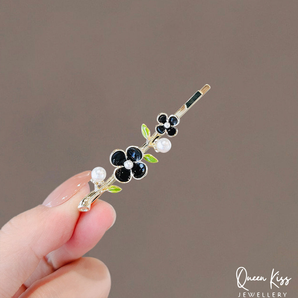 Stainless Steel Gem Flower Floral and Freshwater Pearl Hair Clip for Kid Baby Girl Woman Sold as Set of Two