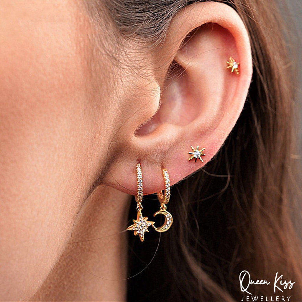 Moon and Star 18 Karat Gold Plated Sterling Silver Cubic Zirconia Crystals Gold and Silver Dangle Hoop Clasp Sold as A Pair
