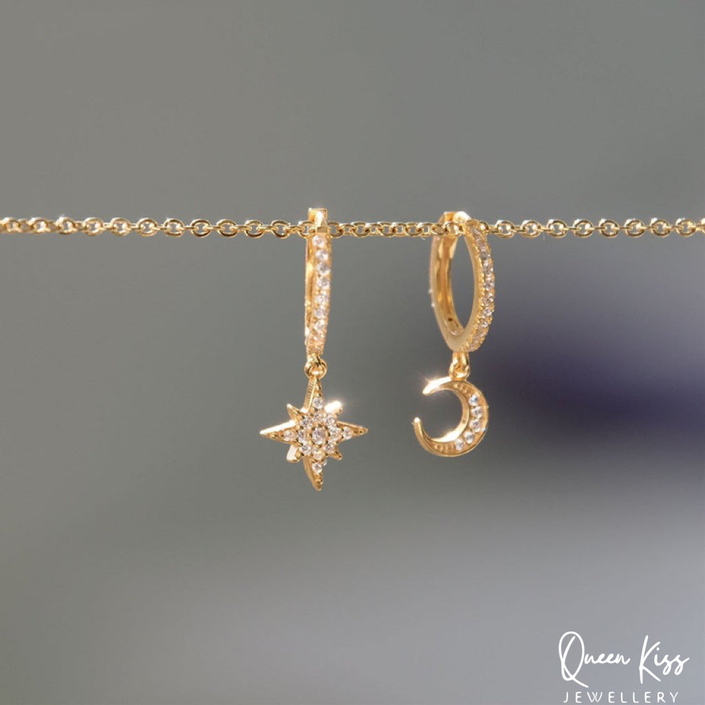 Moon and Star 18 Karat Gold Plated Sterling Silver Cubic Zirconia Crystals Gold and Silver Dangle Hoop Clasp Sold as A Pair