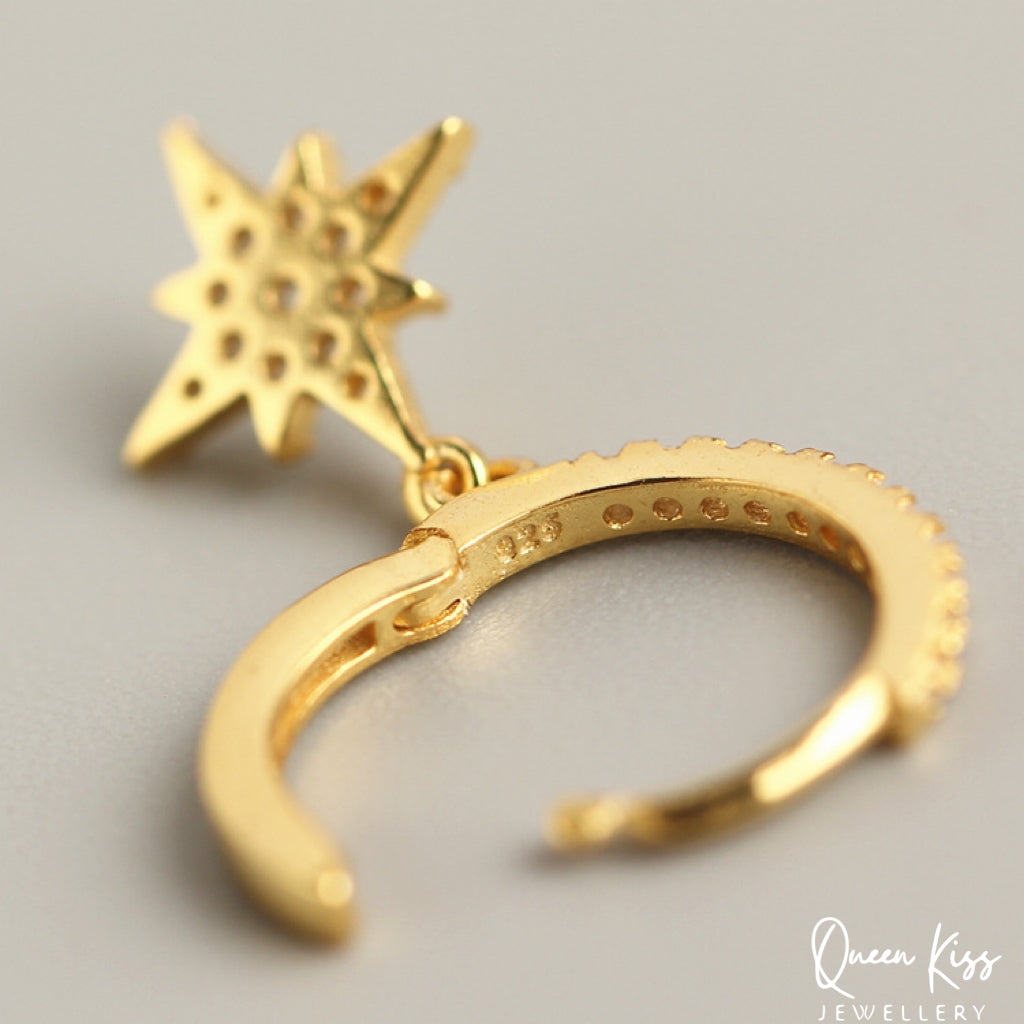 Moon and Star 18 Karat Gold Plated Sterling Silver Cubic Zirconia Crystals Gold and Silver Dangle Hoop Clasp Sold as A Pair