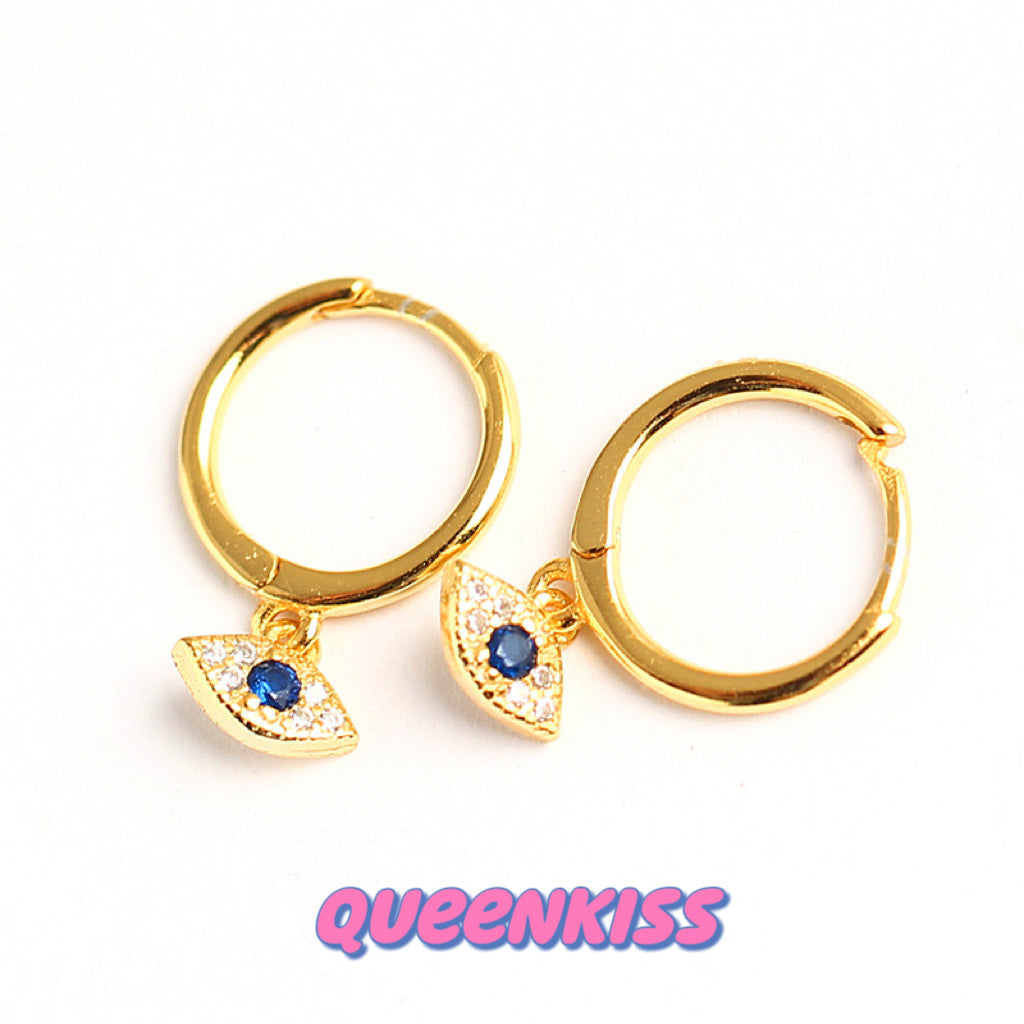 Evil Eyes 18 Karat Gold Plated Sterling Silver Cubic Zirconia Crystals Gold and Silver Dangle Hoop Clasp Sold as A Pair