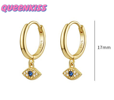 Evil Eyes 18 Karat Gold Plated Sterling Silver Cubic Zirconia Crystals Gold and Silver Dangle Hoop Clasp Sold as A Pair