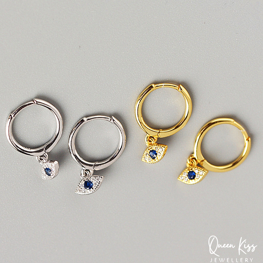 Evil Eyes 18 Karat Gold Plated Sterling Silver Cubic Zirconia Crystals Gold and Silver Dangle Hoop Clasp Sold as A Pair