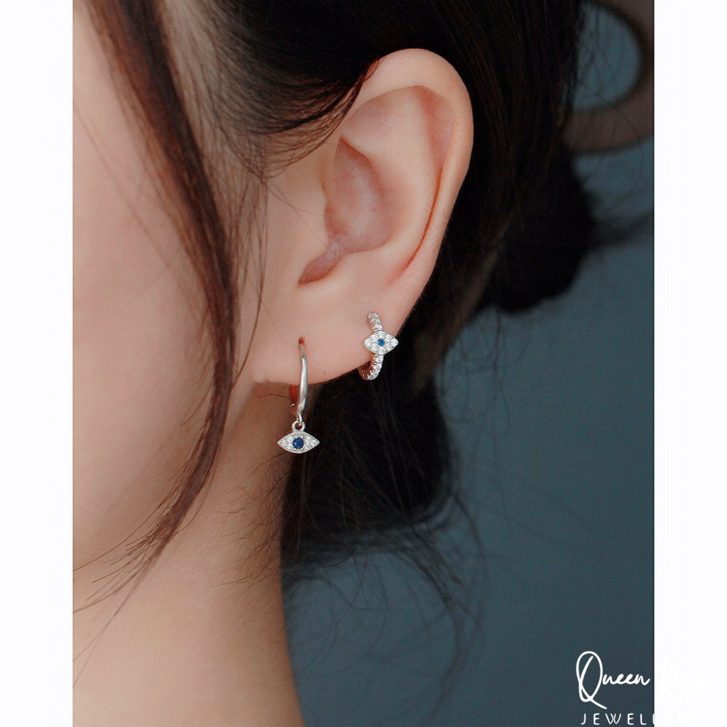 Evil Eyes 18 Karat Gold Plated Sterling Silver Cubic Zirconia Crystals Gold and Silver Dangle Hoop Clasp Sold as A Pair