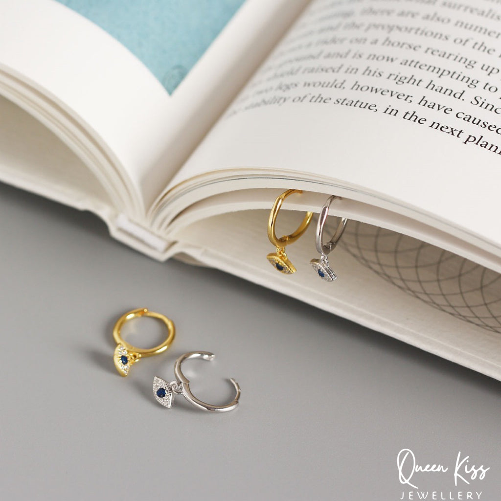 Evil Eyes 18 Karat Gold Plated Sterling Silver Cubic Zirconia Crystals Gold and Silver Dangle Hoop Clasp Sold as A Pair