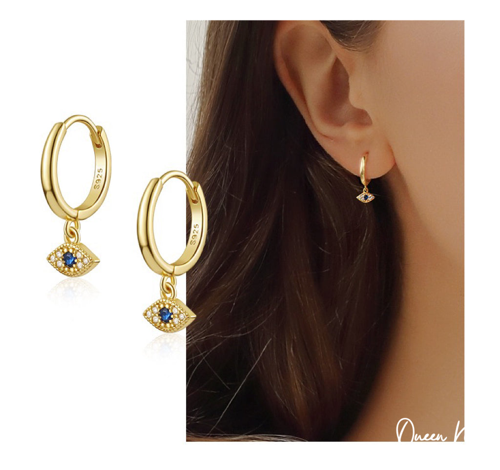 Evil Eyes 18 Karat Gold Plated Sterling Silver Cubic Zirconia Crystals Gold and Silver Dangle Hoop Clasp Sold as A Pair