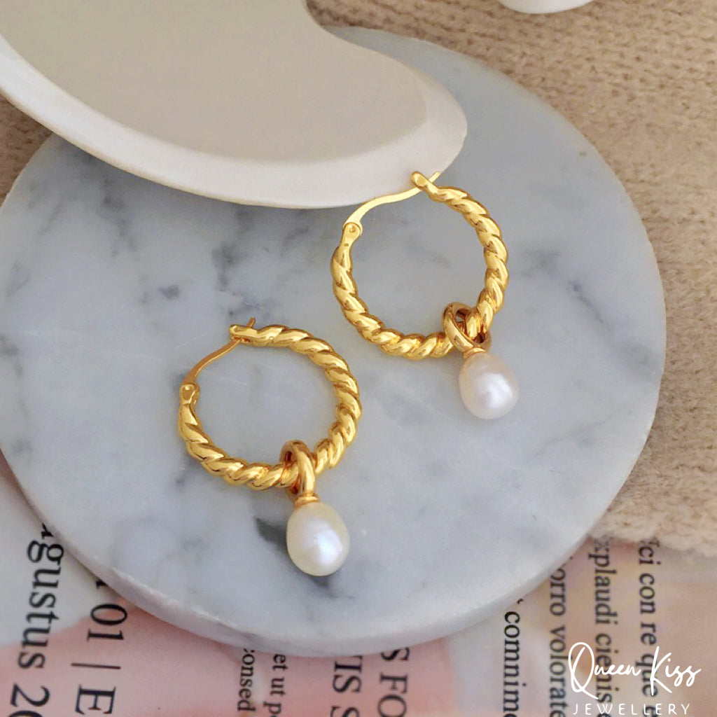 18 Karat Gold Plated Sterling Silver Freshwater Pearl Gold Dangle Earrings