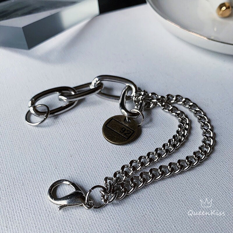 Funky Punk Stainless Steel Coin 92 Cool Double Chains Silver Bracelet -- Born in 1892!!