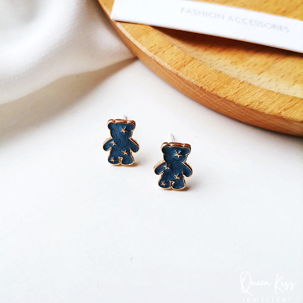 Sterling Silver 925 Stud Earrings Cute Blue Bear Star Stud Earrings Gift for her