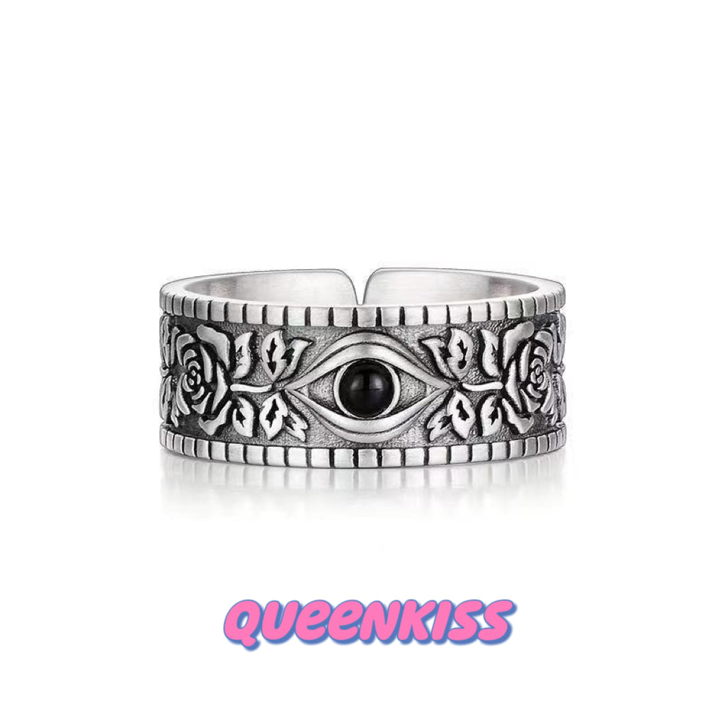 Cool Quirky Adjustable Eye and Roses Silver Ring -- Rosy World