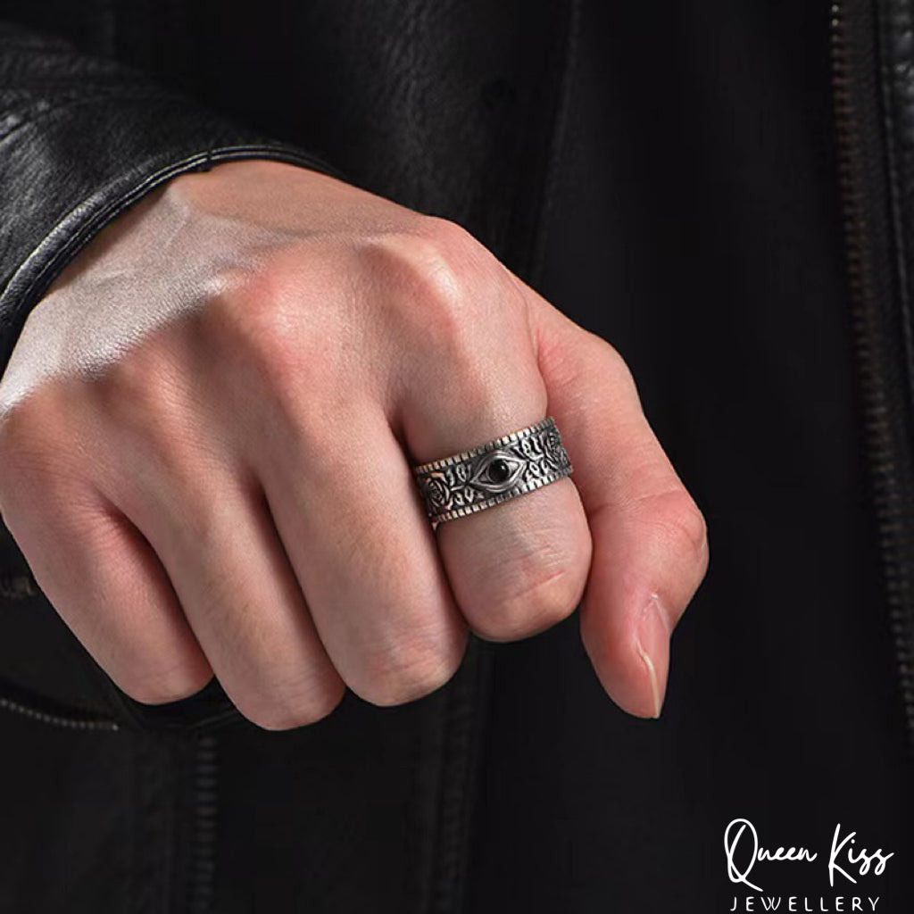 Cool Quirky Adjustable Eye and Roses Silver Ring -- Rosy World