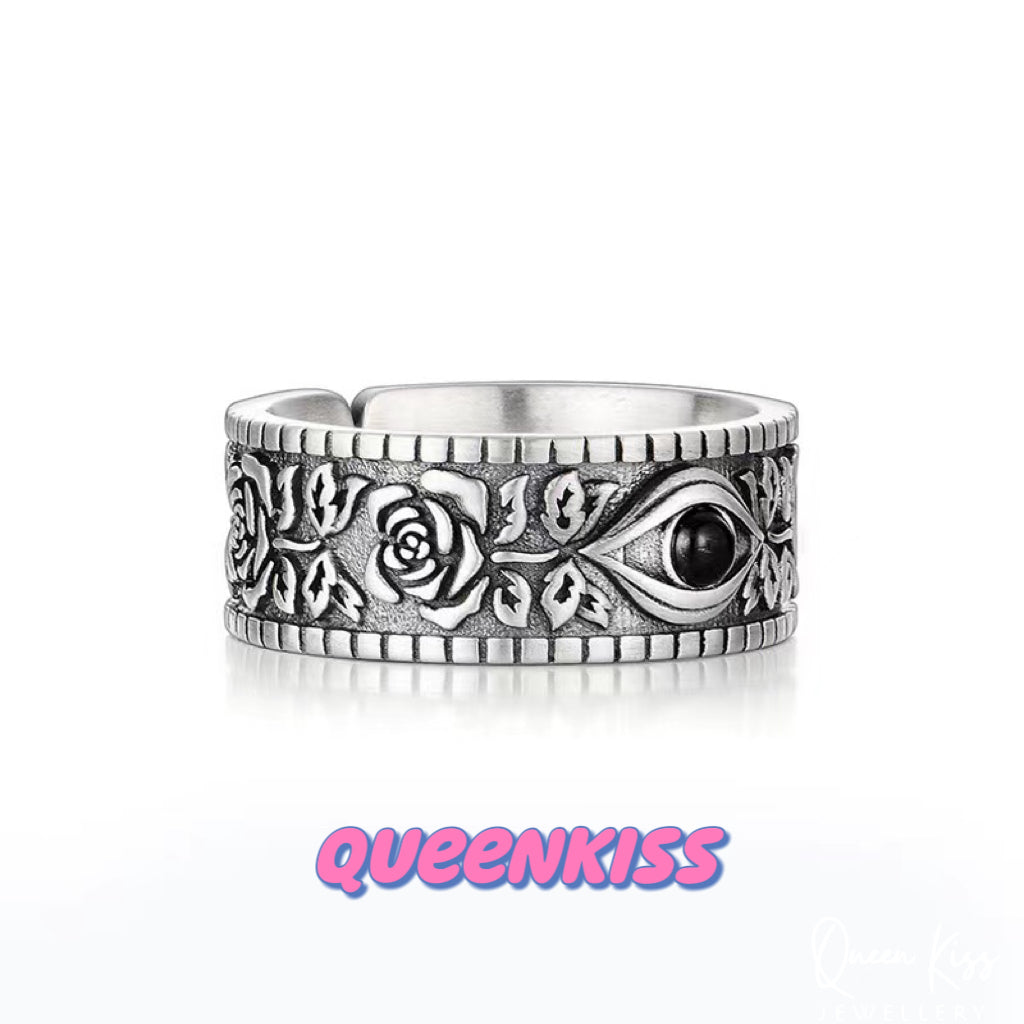 Cool Quirky Adjustable Eye and Roses Silver Ring -- Rosy World