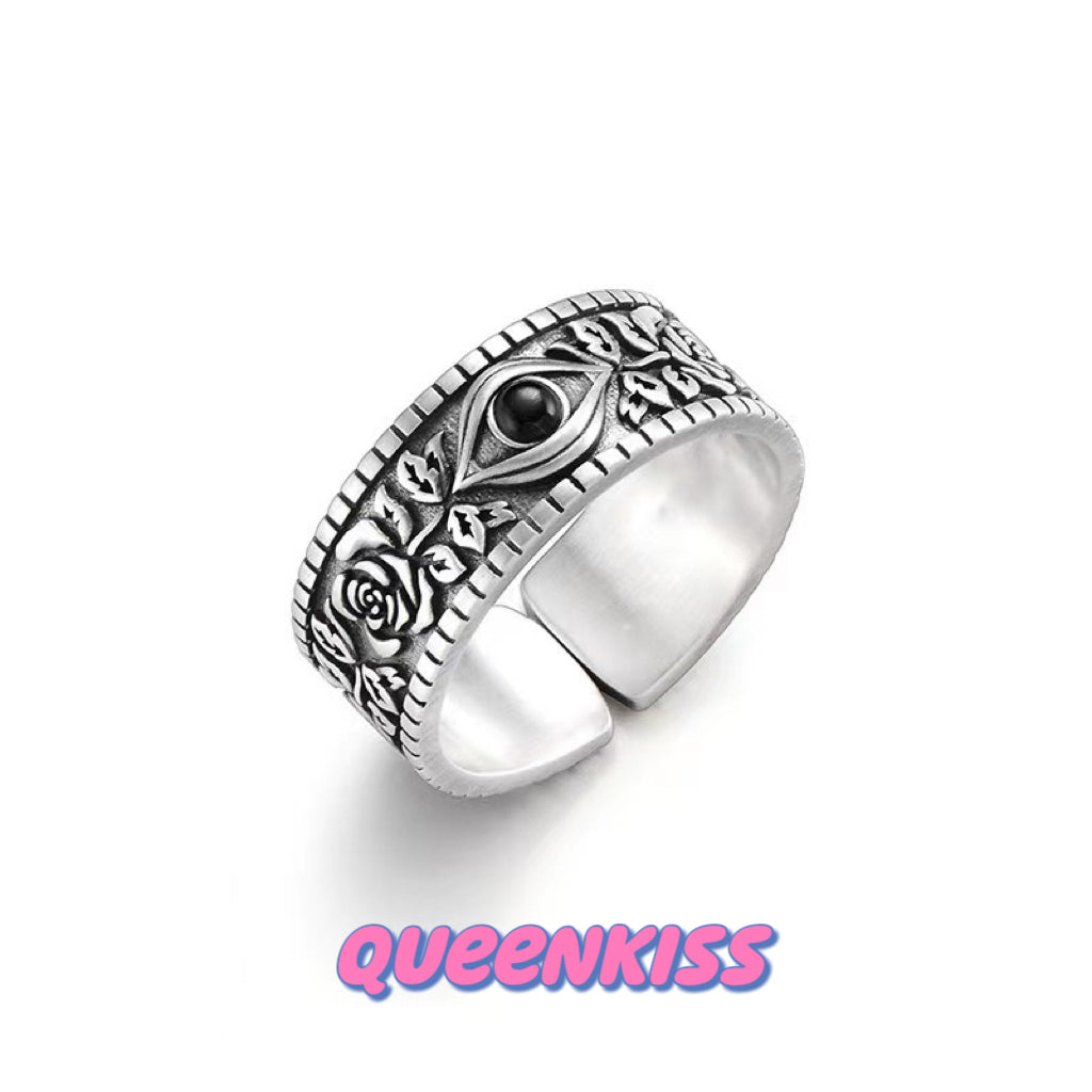 Cool Quirky Adjustable Eye and Roses Silver Ring -- Rosy World