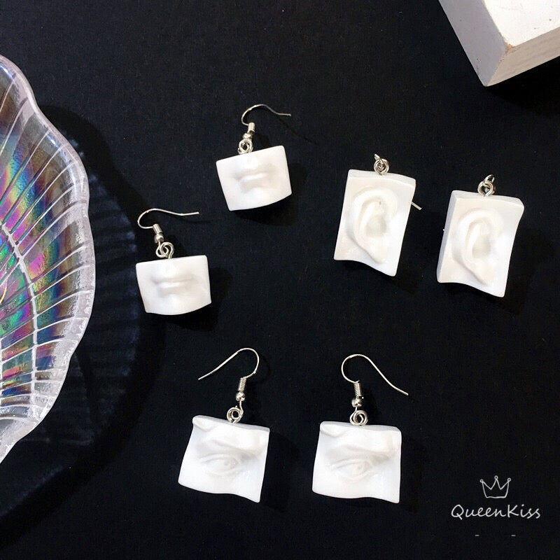 Quirky Sweet Cute Super Light Art Masterpiece Statue Eye Ear Mouth White Acrylic Statue Earrings -- Ce La Vie!!
