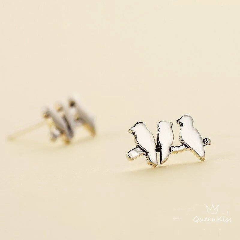 Sterling Silver 925 Stud Earrings Cute Three Birds Stud Earrings Modern Studs Minimal Stud Earrings Gift for her