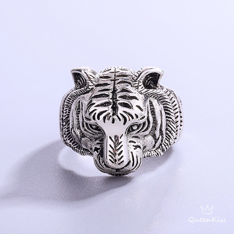 Tiger Minimalist Vintage Adjustable Silver Ring -- King of the Jungle