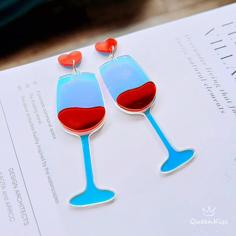 Cute Light Trendy Acrylic Adorable Red Heart Red Wine Blue And Transparent Earrings - Super BFF!!