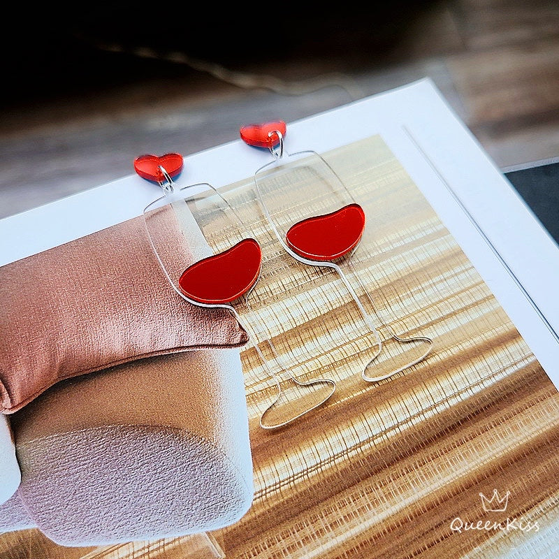 Cute Light Trendy Acrylic Adorable Red Heart Red Wine Blue And Transparent Earrings - Super BFF!!