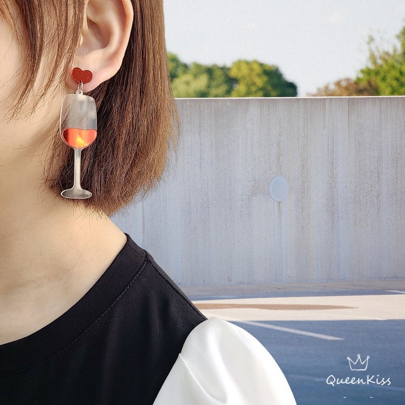 Cute Light Trendy Acrylic Adorable Red Heart Red Wine Blue And Transparent Earrings - Super BFF!!