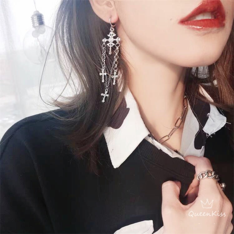 Cross and Cross Antique Silver Earrings Dagger Medieval Drop Dangle Gothic Earrings-- Love me Till the End!!