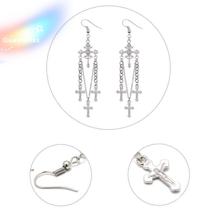 Cross and Cross Antique Silver Earrings Dagger Medieval Drop Dangle Gothic Earrings-- Love me Till the End!!