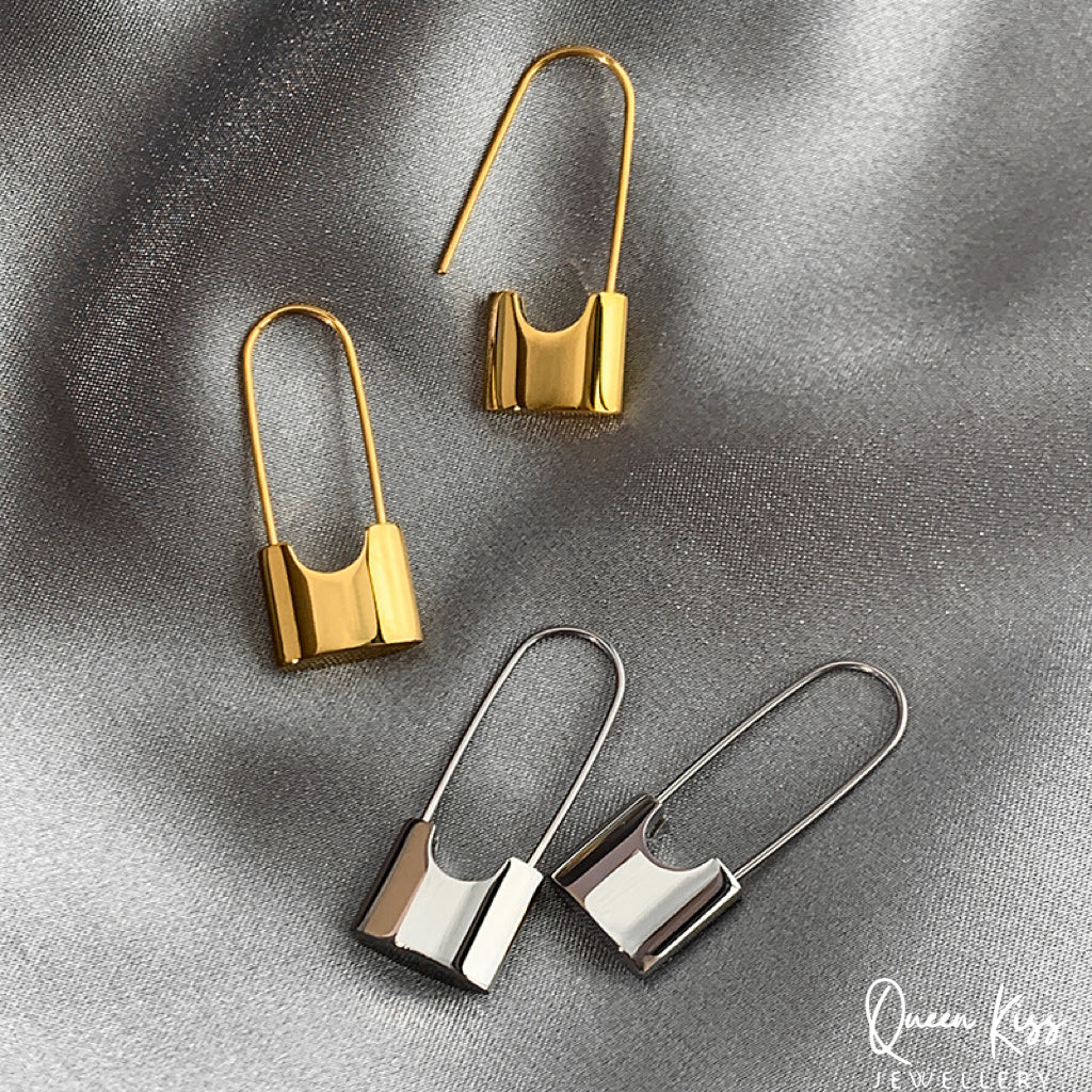 Long Lock Pair of Earrings Silver and Gold stainless steel minimal studs For Man Woman Him Her- Danger Field!!!