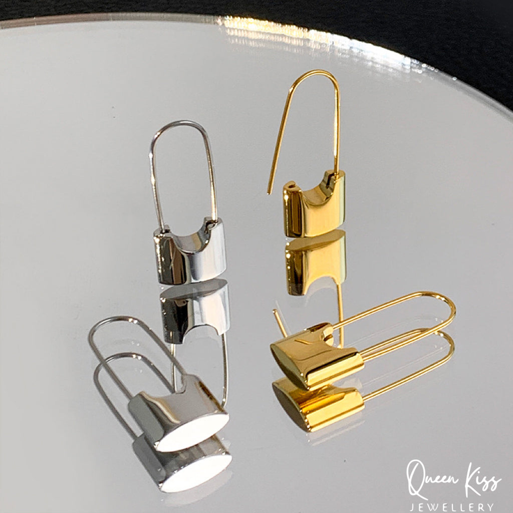 Long Lock Pair of Earrings Silver and Gold stainless steel minimal studs For Man Woman Him Her- Danger Field!!!