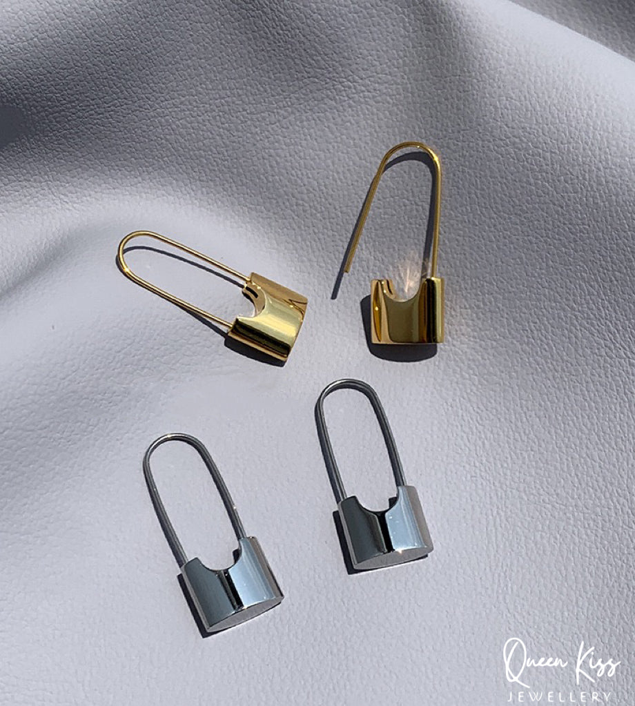 Long Lock Pair of Earrings Silver and Gold stainless steel minimal studs For Man Woman Him Her- Danger Field!!!