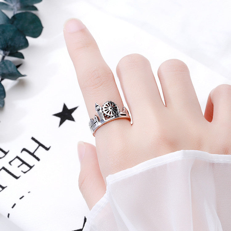 S925 Sterling Silver Vintage Adorable Big Ben Big Wheel London View Ring Adjustable Silver Ring