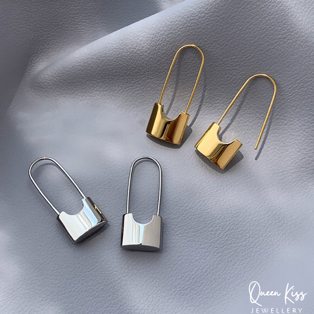 Long Lock Pair of Earrings Silver and Gold stainless steel minimal studs For Man Woman Him Her- Danger Field!!!