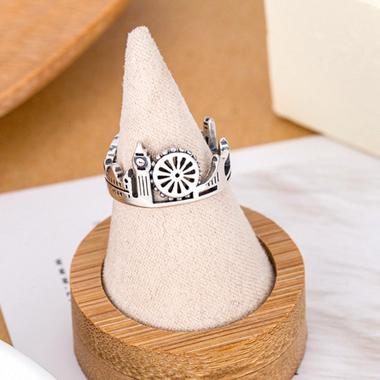 S925 Sterling Silver Vintage Adorable Big Ben Big Wheel London View Ring Adjustable Silver Ring