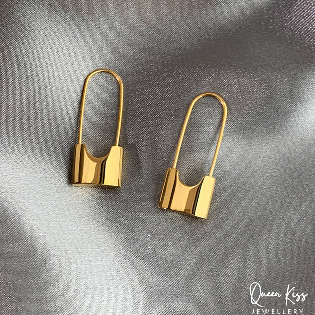 Long Lock Pair of Earrings Silver and Gold stainless steel minimal studs For Man Woman Him Her- Danger Field!!!