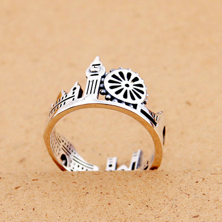 S925 Sterling Silver Vintage Adorable Big Ben Big Wheel London View Ring Adjustable Silver Ring