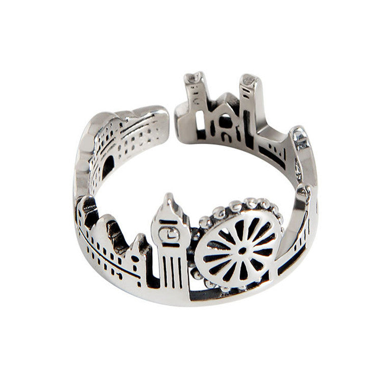 S925 Sterling Silver Vintage Adorable Big Ben Big Wheel London View Ring Adjustable Silver Ring