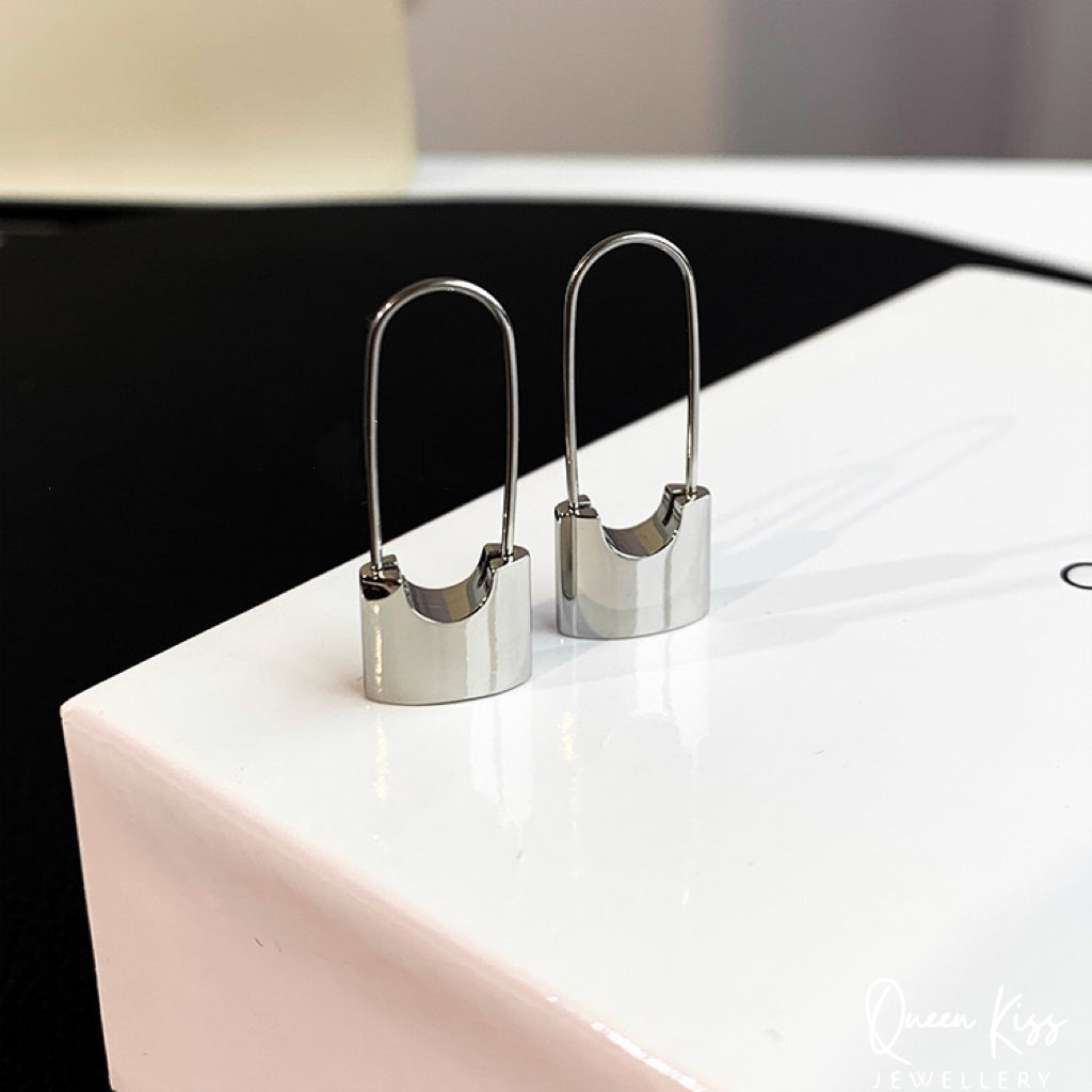 Long Lock Pair of Earrings Silver and Gold stainless steel minimal studs For Man Woman Him Her- Danger Field!!!