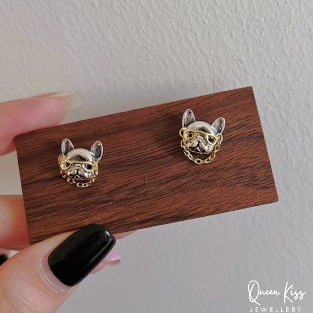 Sterling Silver 925 Stud Earrings Cute French Bull Dog Wearing Gold Glasses Stud Earrings Modern Studs Minimal Stud Earrings Gift for her