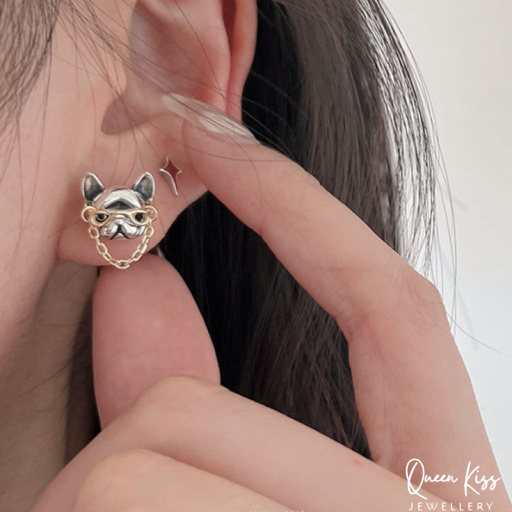 Sterling Silver 925 Stud Earrings Cute French Bull Dog Wearing Gold Glasses Stud Earrings Modern Studs Minimal Stud Earrings Gift for her