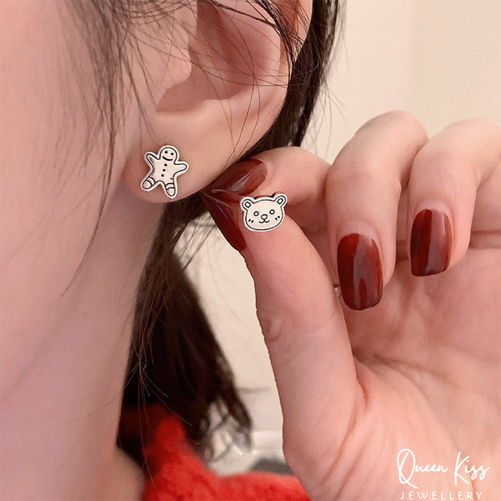 Sterling Silver 925 Stud Earrings Cute Teddy Bear and Ginger Breadman Stud Earrings Modern Studs Minimal Stud Earrings Gift for her