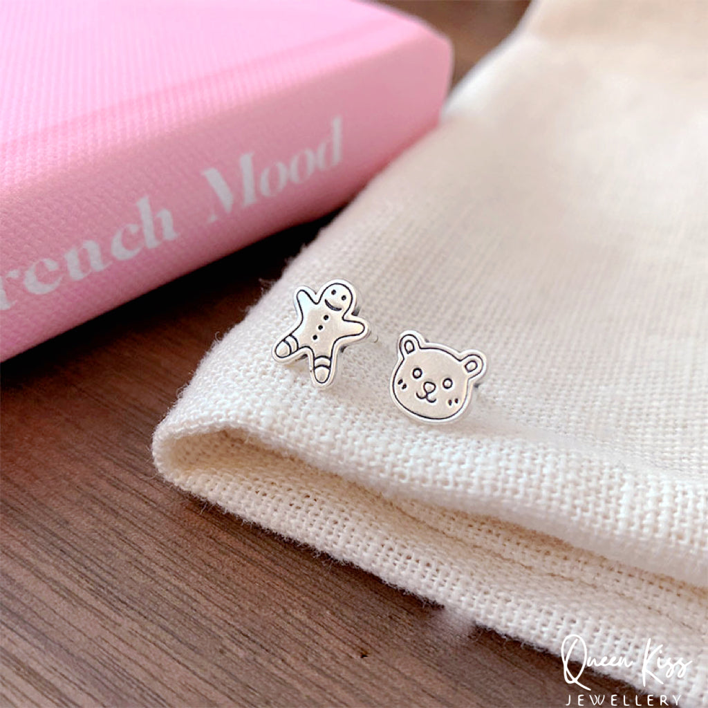 Sterling Silver 925 Stud Earrings Cute Teddy Bear and Ginger Breadman Stud Earrings Modern Studs Minimal Stud Earrings Gift for her