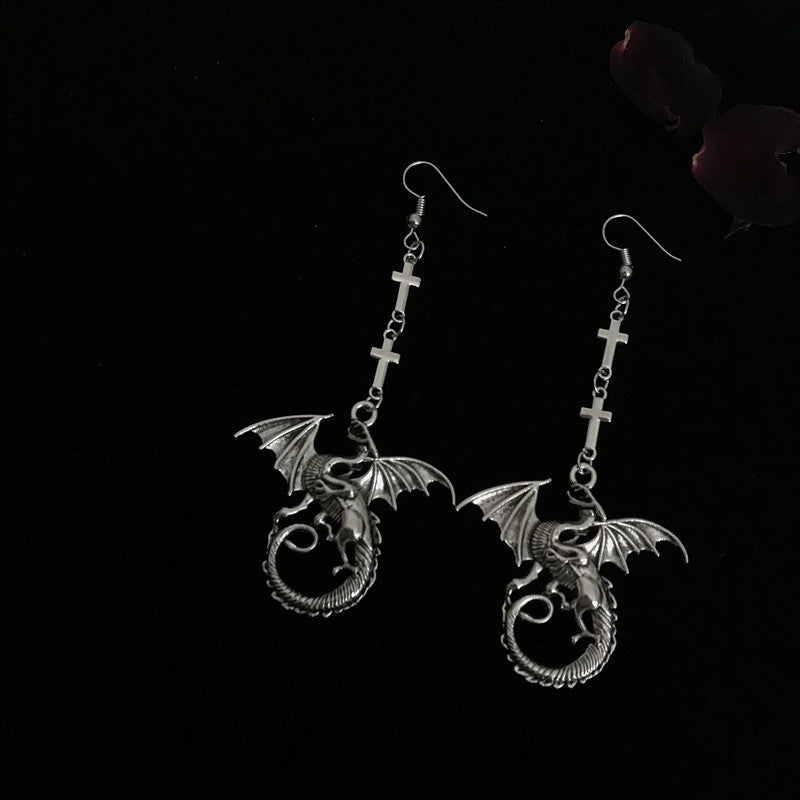 Dragon Flying over Cross Silver Earrings - DRAGON & CROSS!