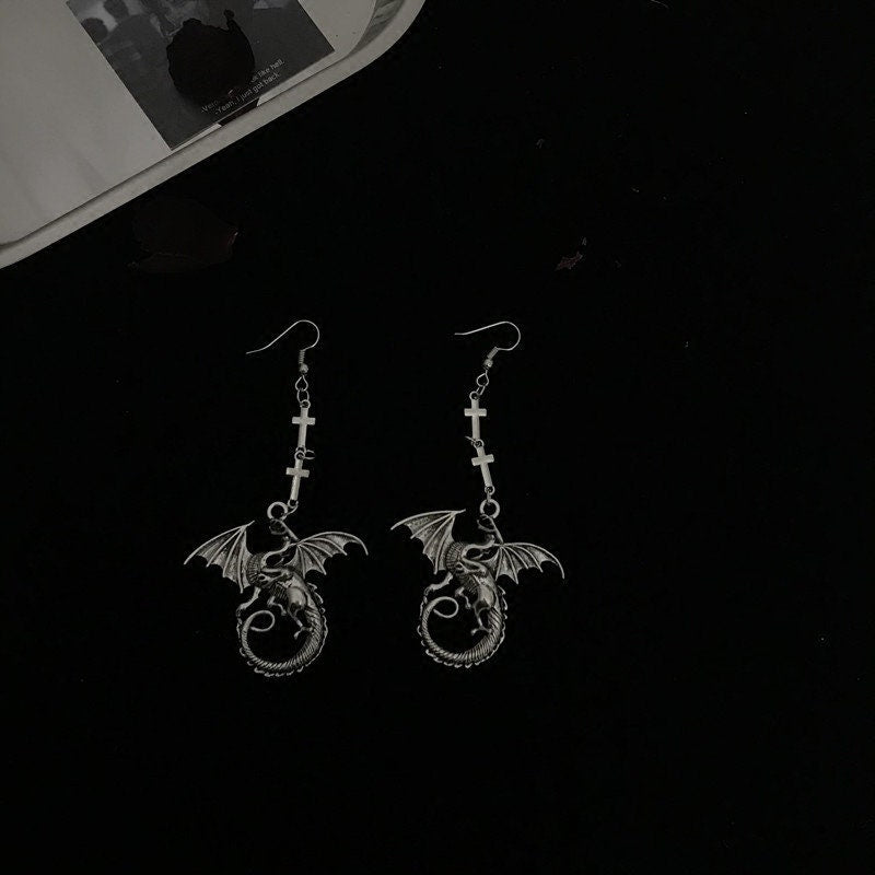 Dragon Flying over Cross Silver Earrings - DRAGON & CROSS!
